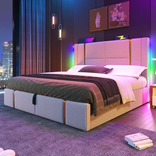Lit Coffre 140x200 Cm En Lin Beige Avec LED Rgb, Contrôle App, USB/type-c Et Sommier Bois