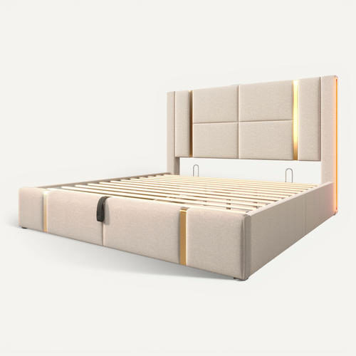 Lit Coffre 140x200 Cm En Lin Beige Avec LED Rgb, Contrôle App, USB/type-c Et Sommier Bois