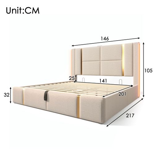 Lit Coffre 140x200 Cm En Lin Beige Avec LED Rgb, Contrôle App, USB/type-c Et Sommier Bois