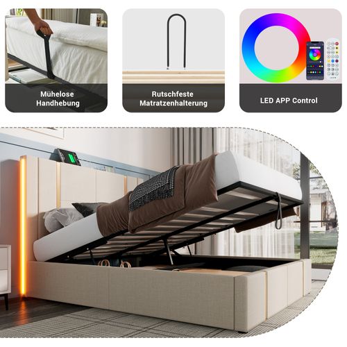 Lit Coffre 140x200 Cm En Lin Beige Avec LED Rgb, Contrôle App, USB/type-c Et Sommier Bois