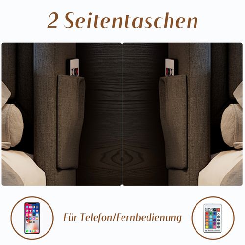 Lit Coffre 140x200 Cm Avec Tête De Lit LED, USB-c, 4 Tiroirs, Cadre Métal Et Lattes Bois, Gris