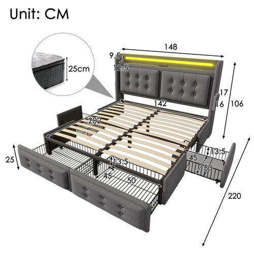 Lit Coffre 140x200 Cm Avec Tête De Lit LED, USB-c, 4 Tiroirs, Cadre Métal Et Lattes Bois, Gris