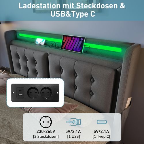 Lit Coffre 140x200 Cm Avec Tête De Lit LED, USB-c, 4 Tiroirs, Cadre Métal Et Lattes Bois, Gris