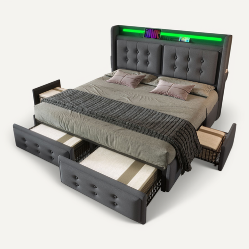 Lit Coffre 140x200 Cm Avec Tête De Lit LED, USB-c, 4 Tiroirs, Cadre Métal Et Lattes Bois, Gris