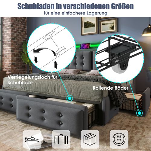 Lit Coffre 140x200 Cm Avec Tête De Lit LED, USB-c, 4 Tiroirs, Cadre Métal Et Lattes Bois, Gris