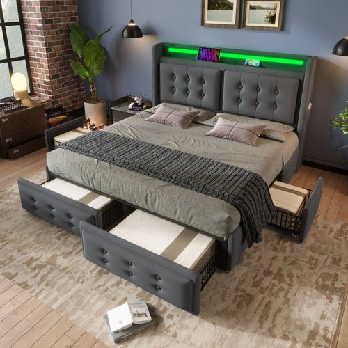 Lit Coffre 140x200 Cm Avec Tête De Lit LED, USB-c, 4 Tiroirs, Cadre Métal Et Lattes Bois, Gris
