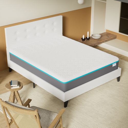 Ensemble 140x190 cm, lit avec tête de lit + Matelas mousse latex ép.28cm accueil à mémoire de forme