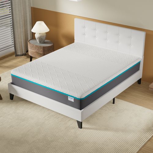 Ensemble 140x190 cm, lit avec tête de lit + Matelas mousse latex ép.28cm accueil à mémoire de forme