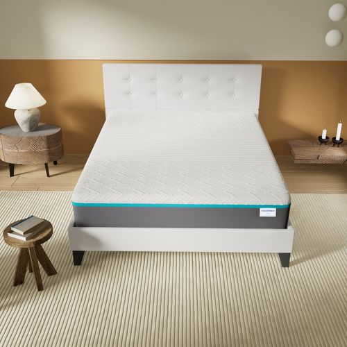 Ensemble 140x190 cm, lit avec tête de lit + Matelas mousse latex ép.28cm accueil à mémoire de forme