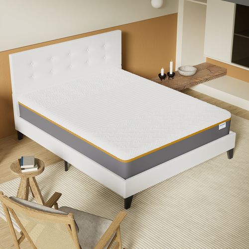 Ensemble 140x190 cm, lit avec tête de lit + Matelas mousse latex ép.28cm accueil à mémoire de forme