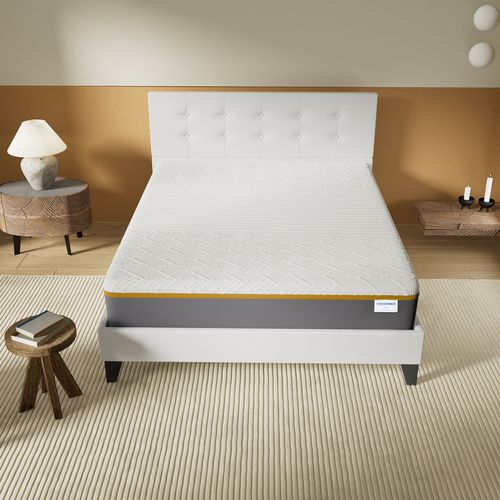 Ensemble 140x190 cm, lit avec tête de lit + Matelas mousse latex ép.28cm accueil à mémoire de forme