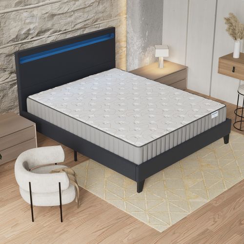 Ensemble 160x200cm, Lit Éclairage LED + Matelas Mousse, Ép.22cm Accueil Mémoire de Forme