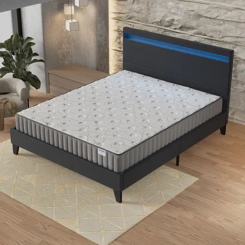 Ensemble 160x200cm, Lit Éclairage LED + Matelas Mousse, Ép.22cm Accueil Mémoire de Forme