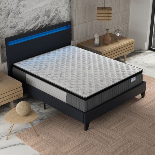 Ensemble 140x190cm, lit éclairage LED + matelas ressorts ensachés, Ép.30cm accueil mémoire de forme
