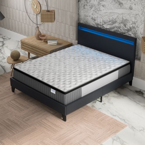 Ensemble 140x190cm, lit éclairage LED + matelas ressorts ensachés, Ép.30cm accueil mémoire de forme