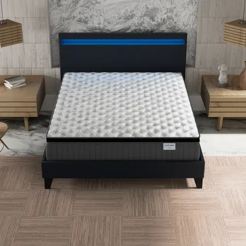 Ensemble 140x190cm, lit éclairage LED + matelas ressorts ensachés, Ép.30cm accueil mémoire de forme