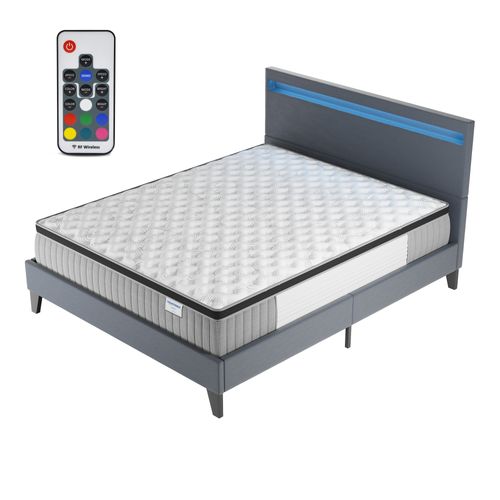 Ensemble 140x190cm, lit éclairage LED + matelas ressorts ensachés, Ép.30cm accueil mémoire de forme