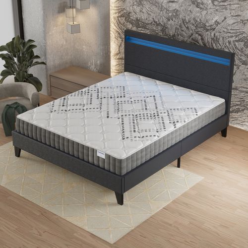 Ensemble 140x190 cm, Lit Éclairage LED + Matelas Ressorts Ensachés, ép.20cm Accueil Mousse HR