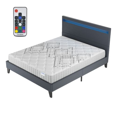 Ensemble 140x190 cm, Lit Éclairage LED + Matelas Ressorts Ensachés, ép.20cm Accueil Mousse HR