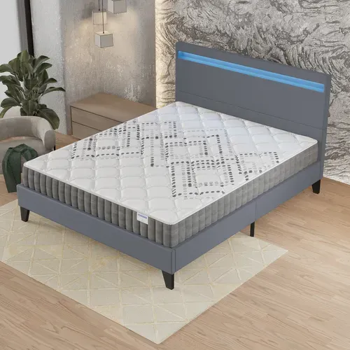 Ensemble 140x190 cm, Lit Éclairage LED + Matelas Ressorts Ensachés, ép.20cm Accueil Mousse HR