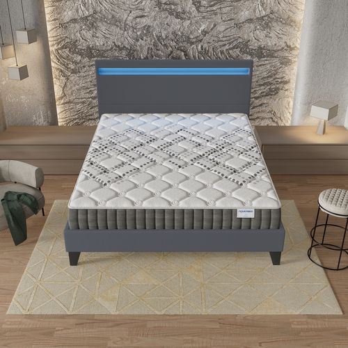 Ensemble 140x190 cm, Lit Éclairage LED + Matelas Ressorts Ensachés, ép.20cm Accueil Mousse HR