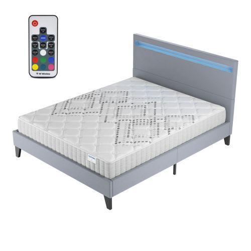 Ensemble 140x190 cm, Lit Éclairage LED + Matelas Ressorts Ensachés, ép.20cm Accueil Mousse HR