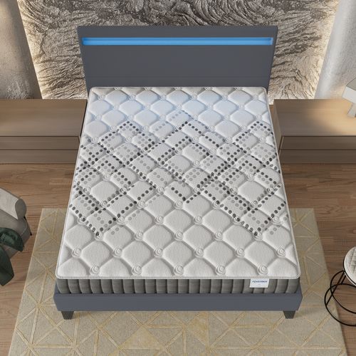 Ensemble 140x190 cm, Lit Éclairage LED + Matelas Ressorts Ensachés, ép.20cm Accueil Mousse HR