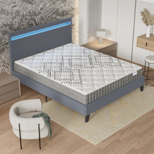 Ensemble 160x200 cm, Lit Éclairage LED + Matelas Ressorts Ensachés, ép.20cm Accueil Mousse HR