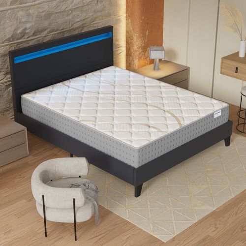 Ensemble 120x190 cm, Lit Éclairage LED + Matelas Ressorts Ensachés, ép.25cm accueil Mousse HR