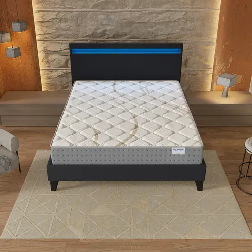 Ensemble 120x190 cm, Lit Éclairage LED + Matelas Ressorts Ensachés, ép.25cm accueil Mousse HR