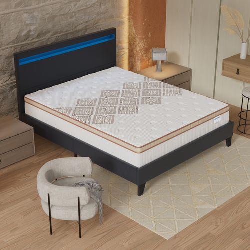 Ensemble 120x190 cm, lit éclairage LED + matelas ressorts ensachés, ép. 28cm accueil mousse HR
