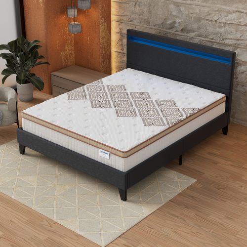Ensemble 120x190 cm, lit éclairage LED + matelas ressorts ensachés, ép. 28cm accueil mousse HR