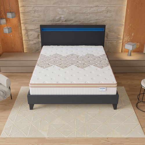 Ensemble 120x190 cm, lit éclairage LED + matelas ressorts ensachés, ép. 28cm accueil mousse HR
