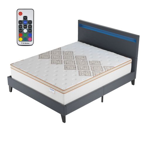 Ensemble 120x190 cm, lit éclairage LED + matelas ressorts ensachés, ép. 28cm accueil mousse HR