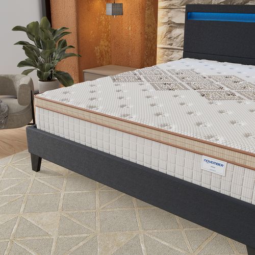 Ensemble 120x190 cm, lit éclairage LED + matelas ressorts ensachés, ép. 28cm accueil mousse HR