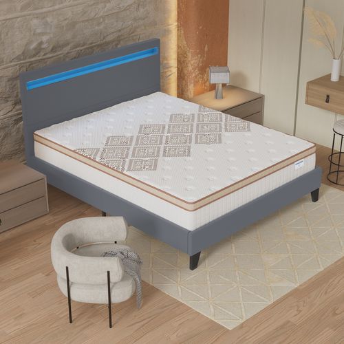 Ensemble 120x190 cm, lit éclairage LED + matelas ressorts ensachés, ép. 28cm accueil mousse HR