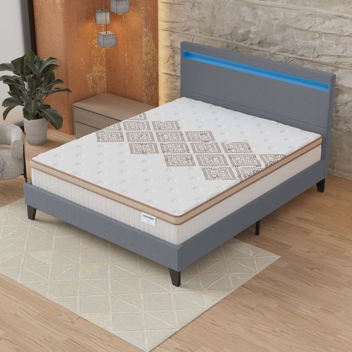 Ensemble 120x190 cm, lit éclairage LED + matelas ressorts ensachés, ép. 28cm accueil mousse HR