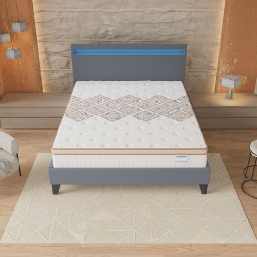 Ensemble 120x190 cm, lit éclairage LED + matelas ressorts ensachés, ép. 28cm accueil mousse HR