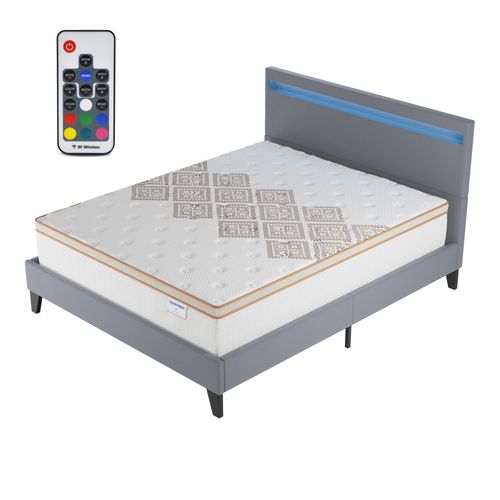 Ensemble 120x190 cm, lit éclairage LED + matelas ressorts ensachés, ép. 28cm accueil mousse HR