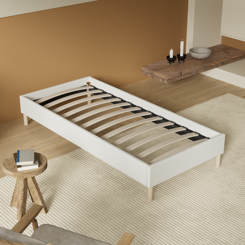 Sommier 90x200 Cm, Tissu Blanc Crème, Pieds En Bois