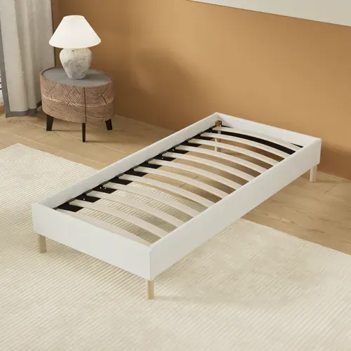 Sommier 90x200 Cm, Tissu Blanc Crème, Pieds En Bois