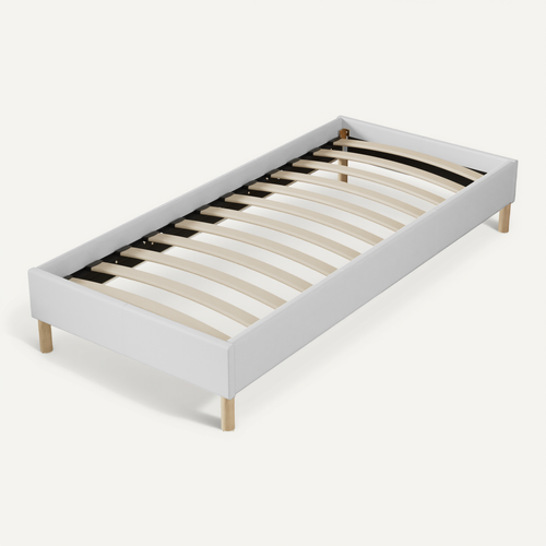 Sommier 90x200 Cm, Tissu Blanc Crème, Pieds En Bois