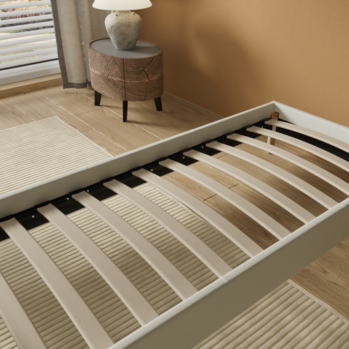 Sommier 90x200 Cm, Tissu Blanc Crème, Pieds En Bois
