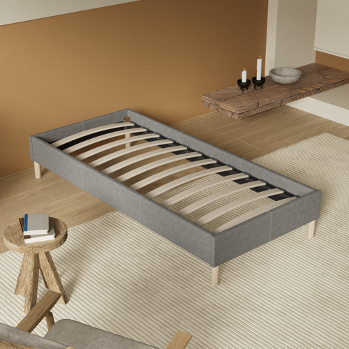 Sommier 90x200 Cm, Tissu Gris, Pieds En Bois