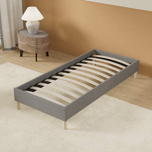 Sommier 90x200 Cm, Tissu Gris, Pieds En Bois
