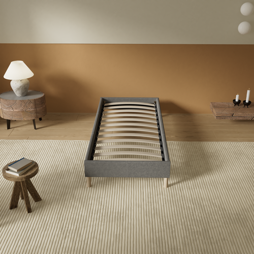 Sommier 90x200 Cm, Tissu Gris, Pieds En Bois