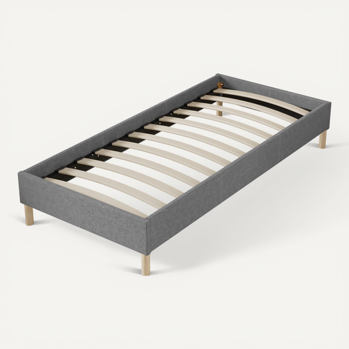 Sommier 90x200 Cm, Tissu Gris, Pieds En Bois