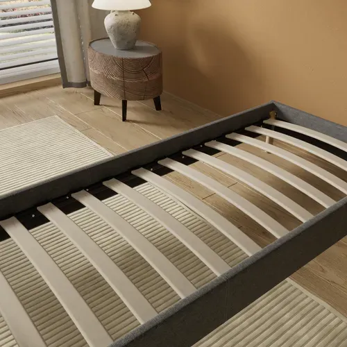 Sommier 90x200 Cm, Tissu Gris, Pieds En Bois