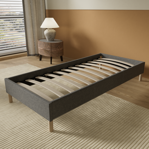 Sommier 90x200 Cm, Tissu Gris, Pieds En Bois