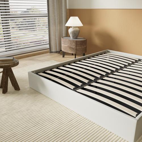 Lit Coffre 160 x 200 cm, Sommier à lattes en bois, Cadre en tissu blanc